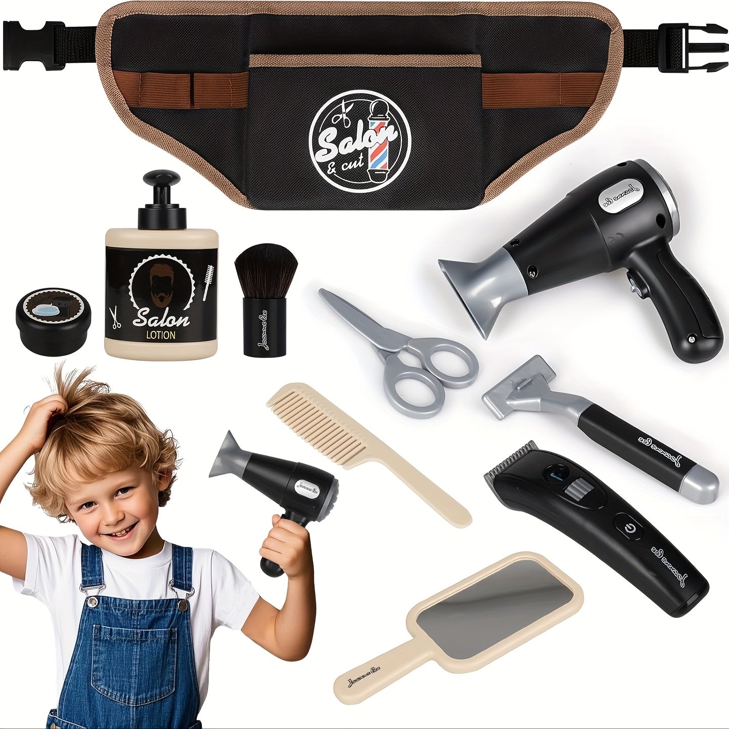 Kids Barber Shop Pretend Play Set with 10 Styling Tools & Portable Waist Bag