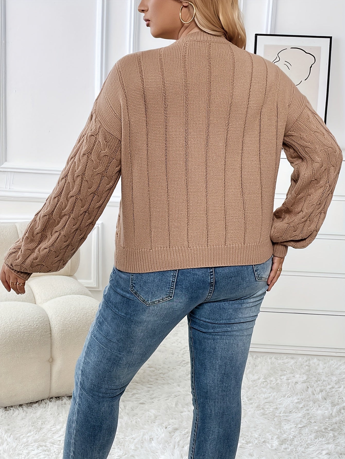  Solid Cable Lantern Sleeve Round Neck High Stretch Jumper
