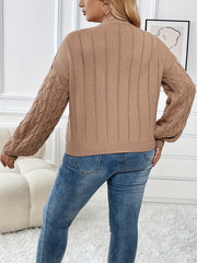  Solid Cable Lantern Sleeve Round Neck High Stretch Jumper