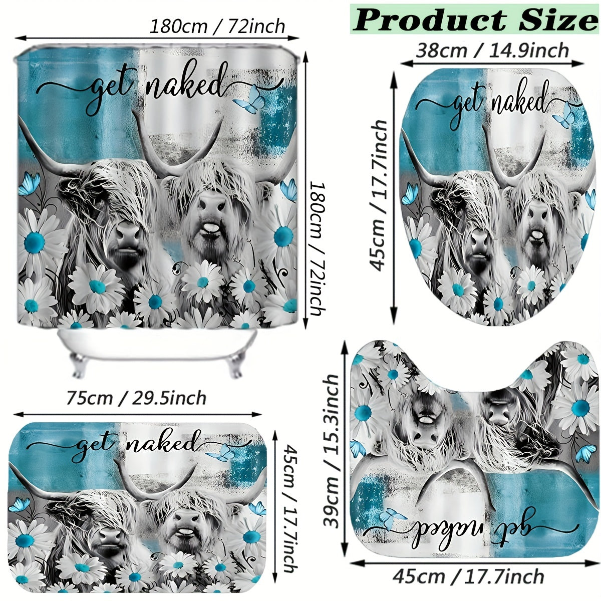 Highland Cow Shower Curtain Toilet Seat Bath Mat Set
