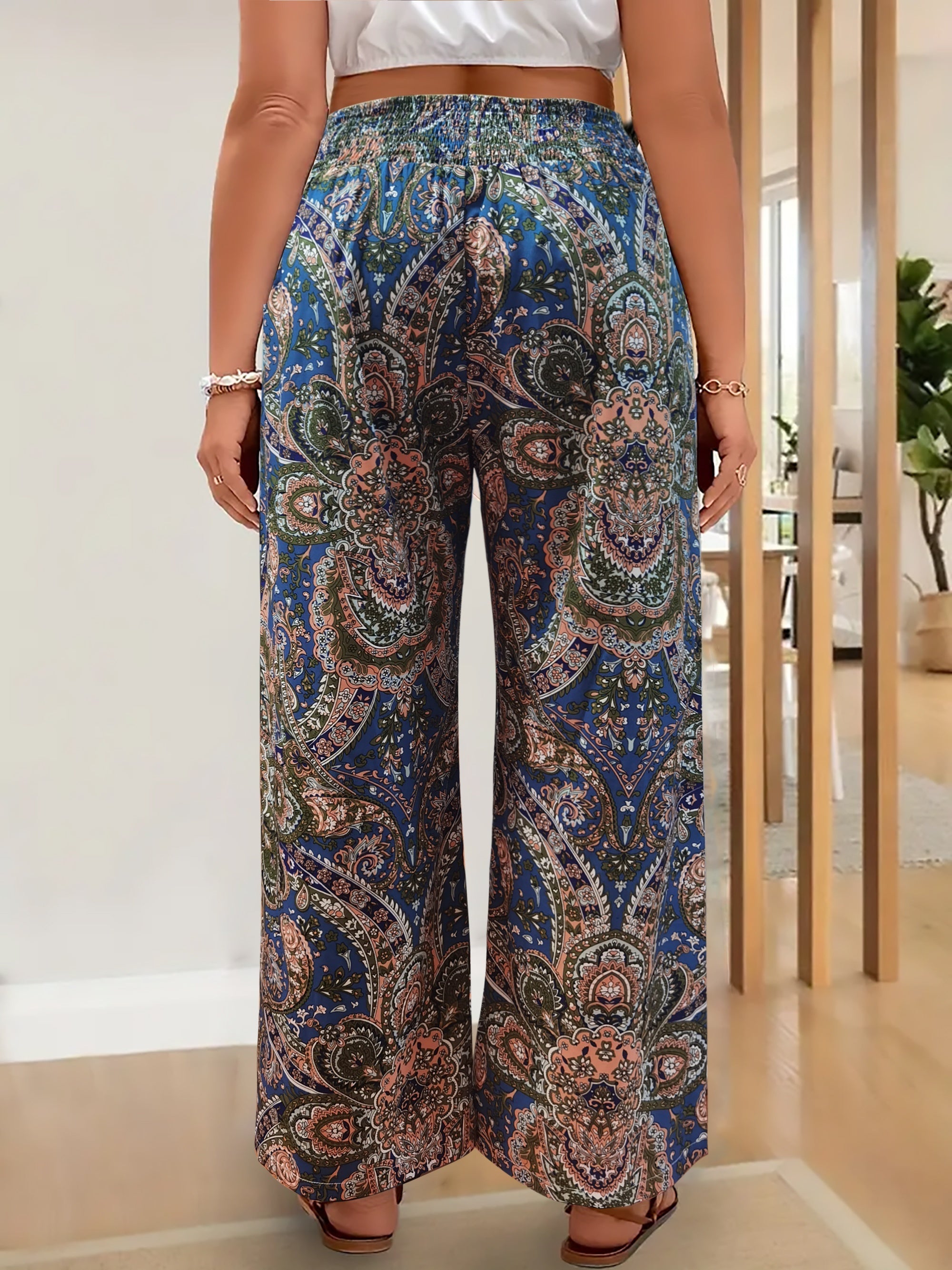  Geometric Print Drawstring Wide Leg Pants