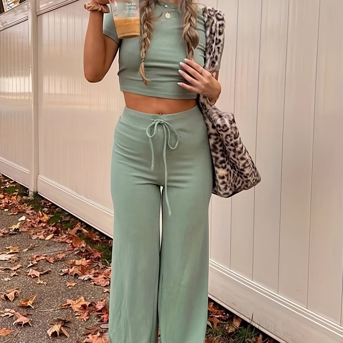 Casual Two Piece Set Crew Neck Short Sleeve Tops & Drawstring Wide Leg Pants