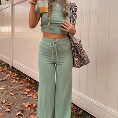 Casual Two Piece Set Crew Neck Short Sleeve Tops & Drawstring Wide Leg Pants