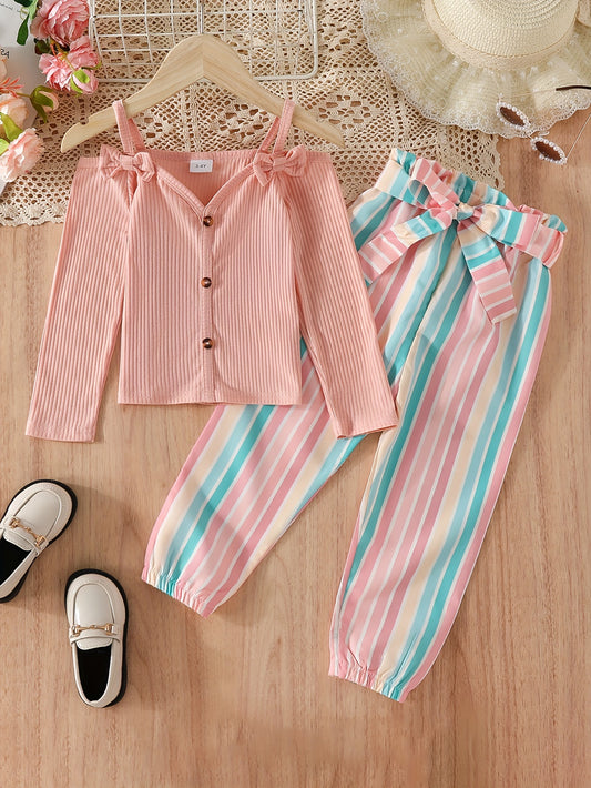 Bowknot Decor Outfit 2pcs Off Shoulder Top & Striped Pants Set
