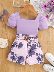 Girls Puff Sleeve Top & Stripes Flowers Shorts Set - Kids Summer Clothes