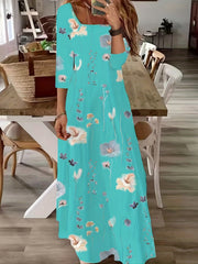 Floral Print Short Sleeve Square Neck Maxi Dress