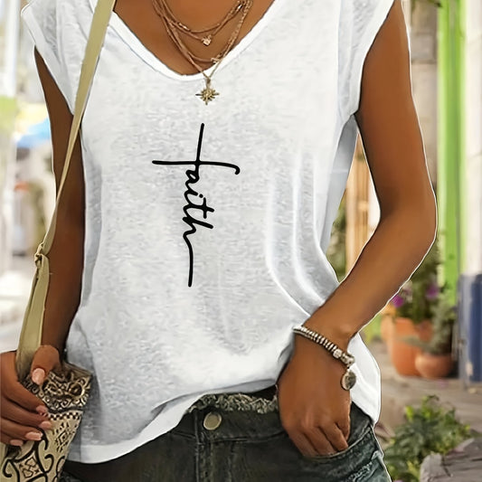 Faith Print V Neck Top Casual Top for Spring & Summer