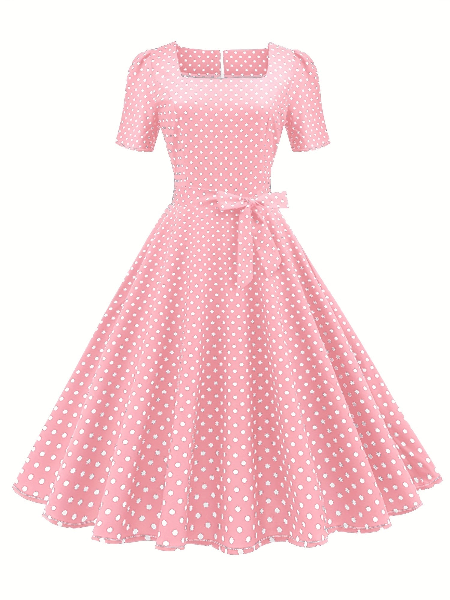 Polka Dot Bow Front Dress Vintage Square Neck Short Sleeve