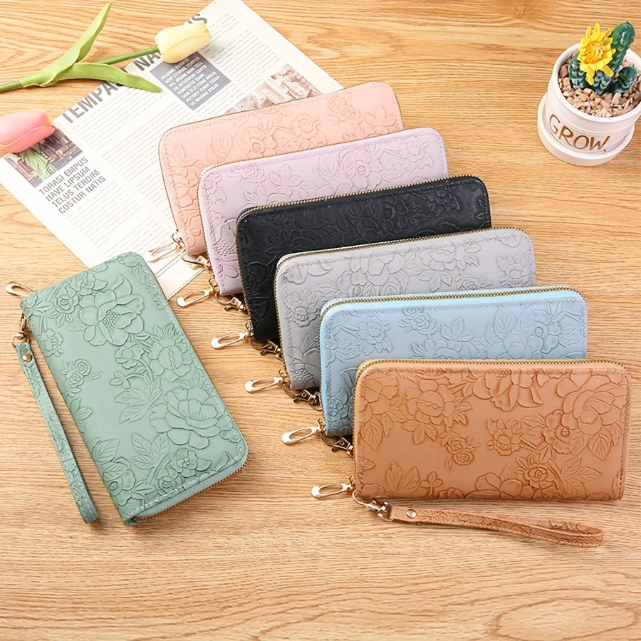 Floral Embossed Long Wallet Zipper Closure Clutch Purse