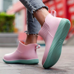 Women's Non slip Solid Flat Rain Boots Waterproof Slip On Rubber Shoes