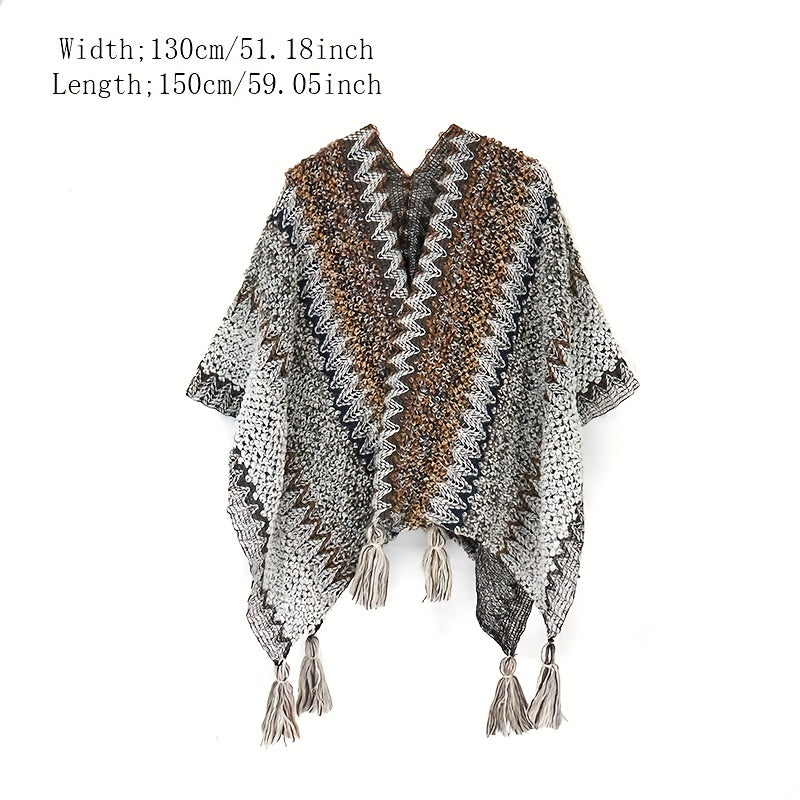 Boho Plaid Tassel Shawl Vintage Knit Cape Wrap