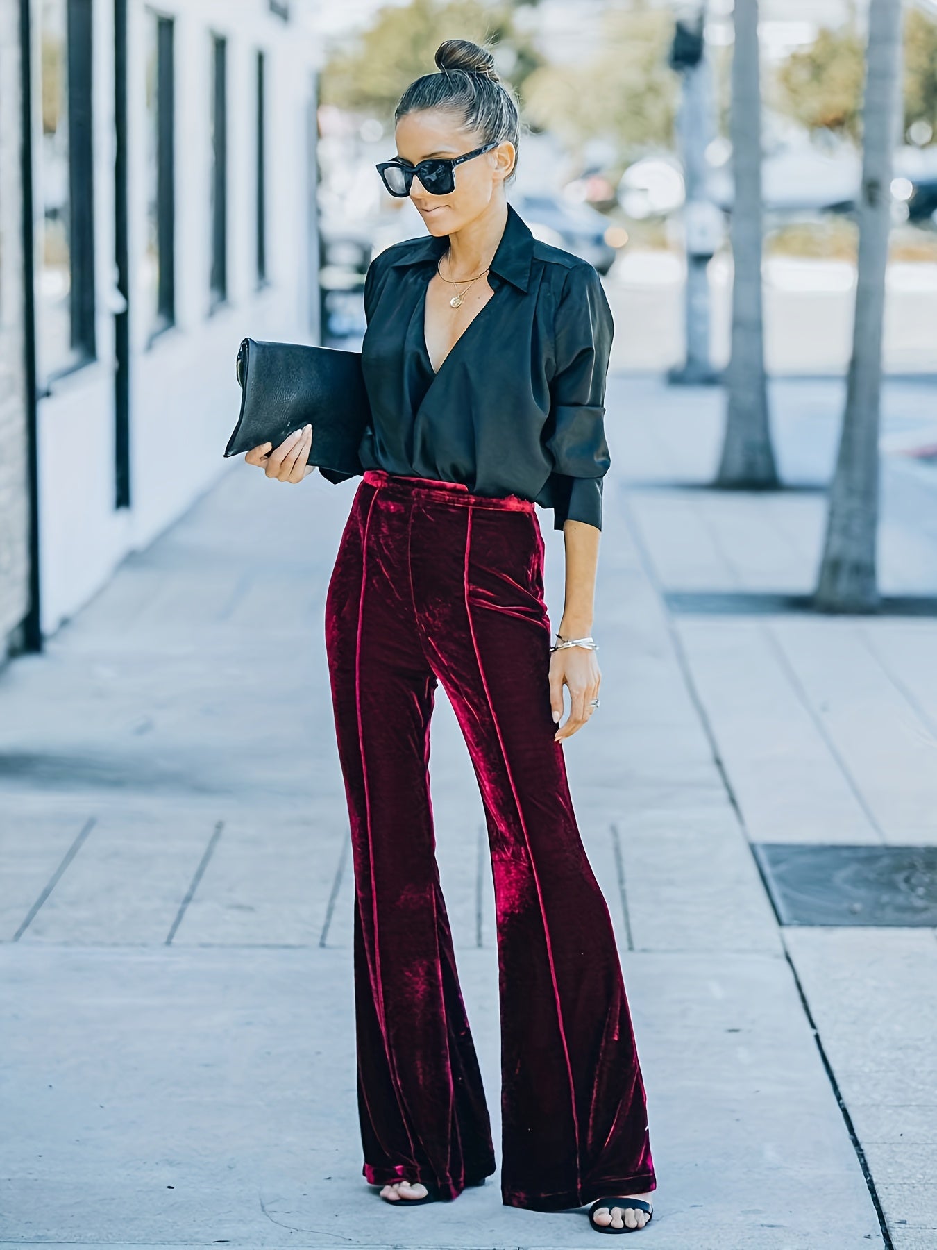  Velvet High Rise Stretch Flared Leg Trousers