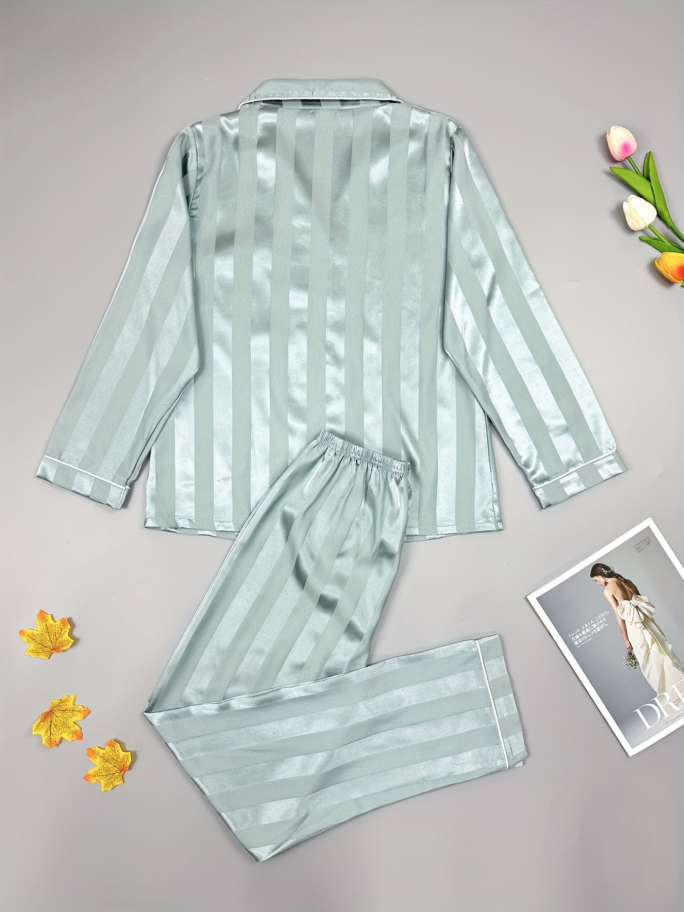 Striped Satin Pajama Set Long Sleeve Buttons Top & Elastic Waistband Pants