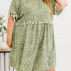  Leopard Print Fringe Trim Midi Dress