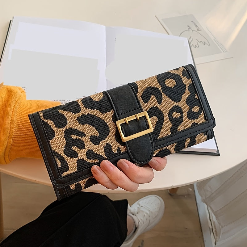 Leopard Pattern Long Purse Trifold Clutch Vintage Buckle Wallet
