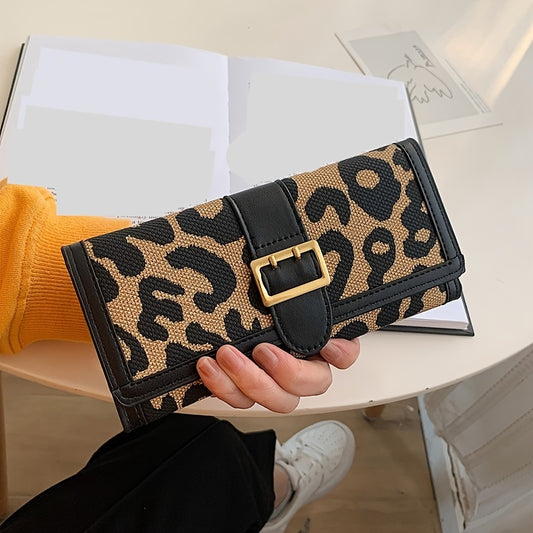 Leopard Pattern Long Purse Trifold Clutch Vintage Buckle Wallet