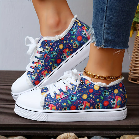 Women's Skull Pattern Canvas Flats Halloween Sneakers
