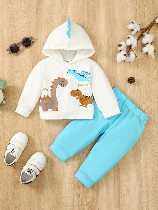 Dino Print Hooded Pullover & Pants Set Child's Casual Outfit
