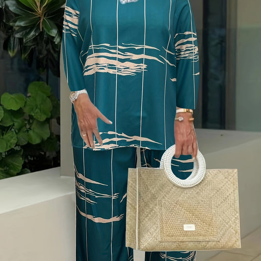  Casual Two Piece Set Women's Plus Print Top & Pants Outfit