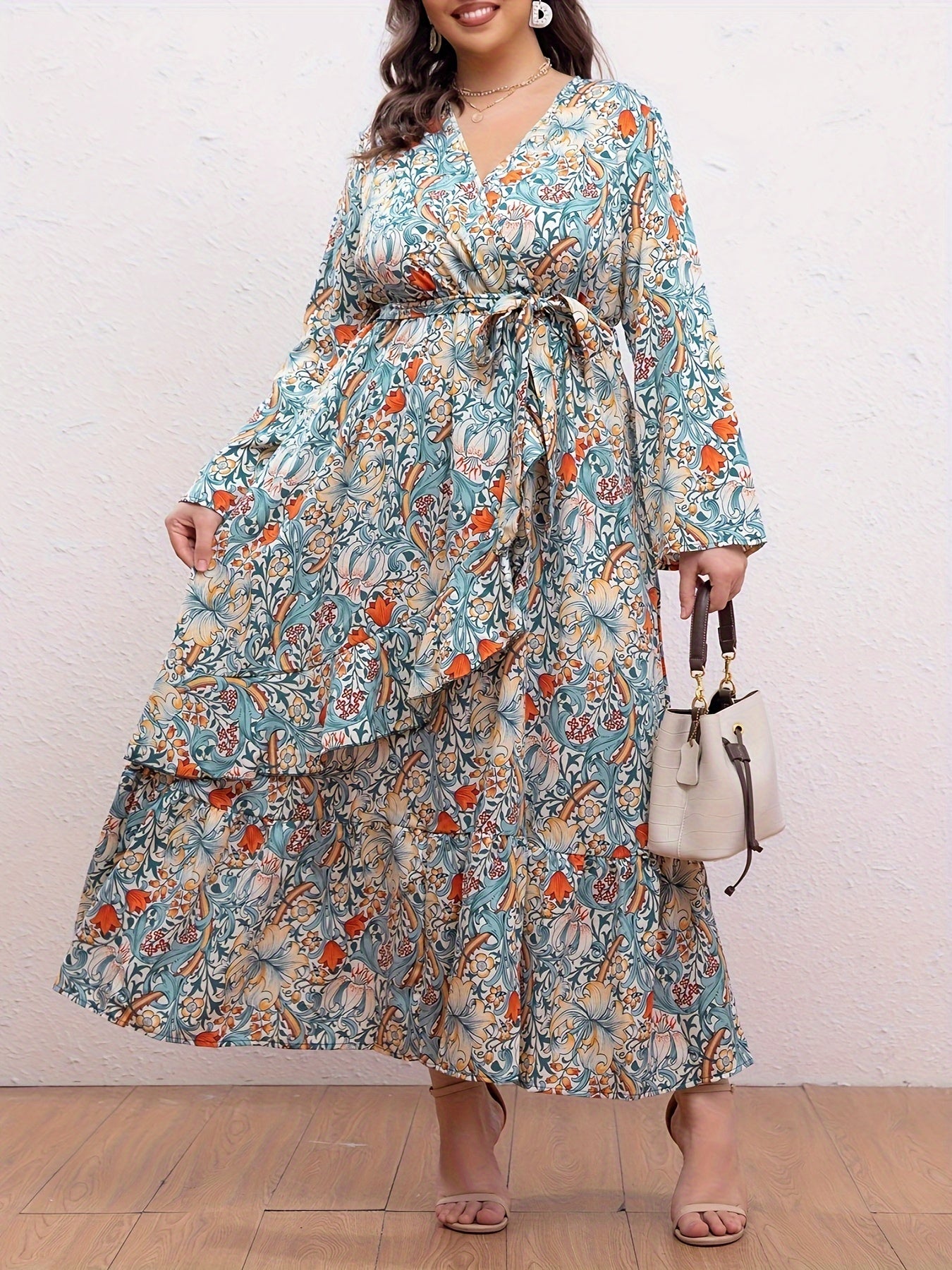 Women's Plus Floral Print Maxi Dress With Ruffle Trim