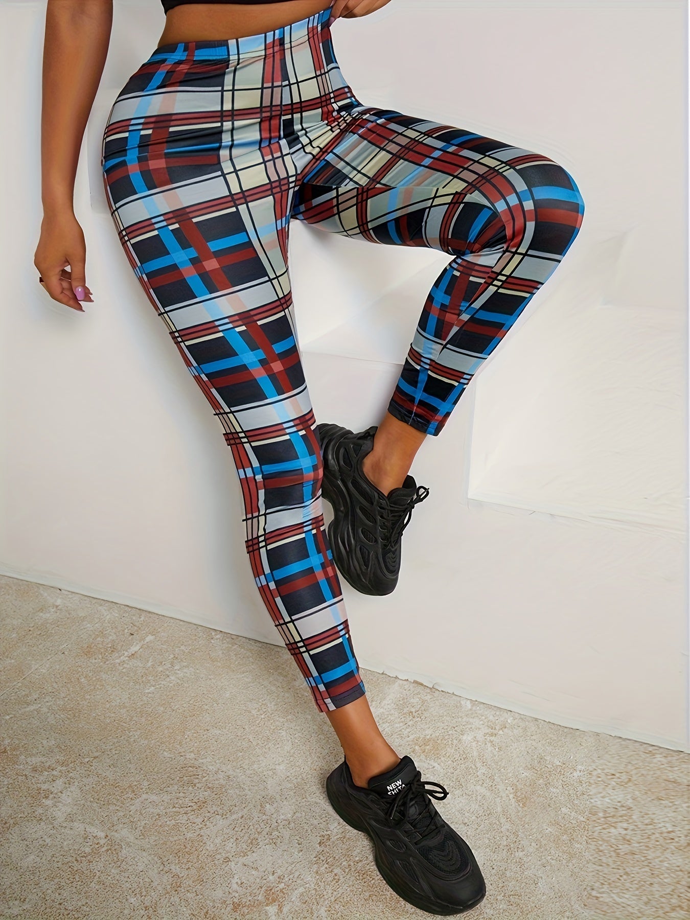  Women's Plaid Print High Rise Skinny Leggings