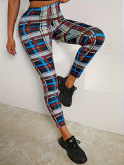  Women's Plaid Print High Rise Skinny Leggings