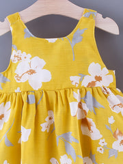 Baby Girls Sleeveless Flowers Print Beach Dress With Hat