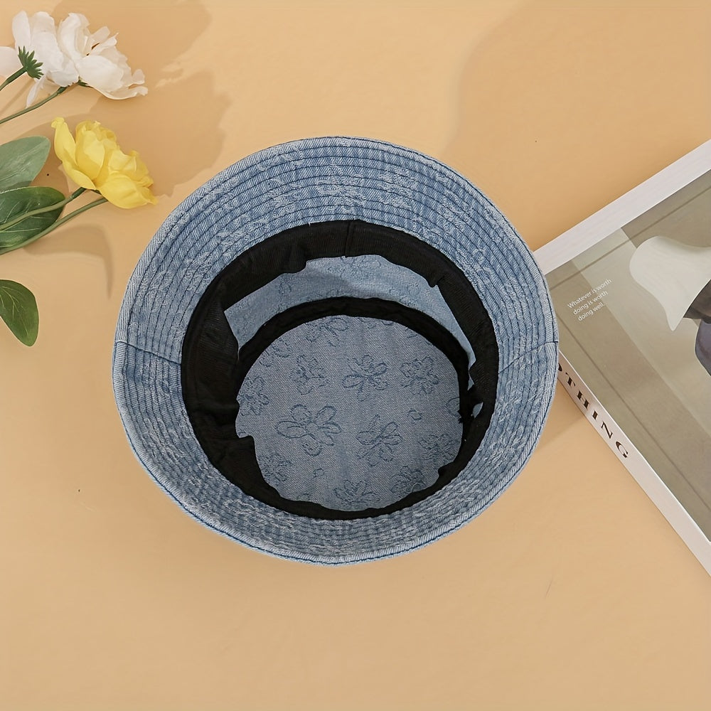 Floral Embroidery Bucket Hat Denim Washed Lightweight Fisherman Cap