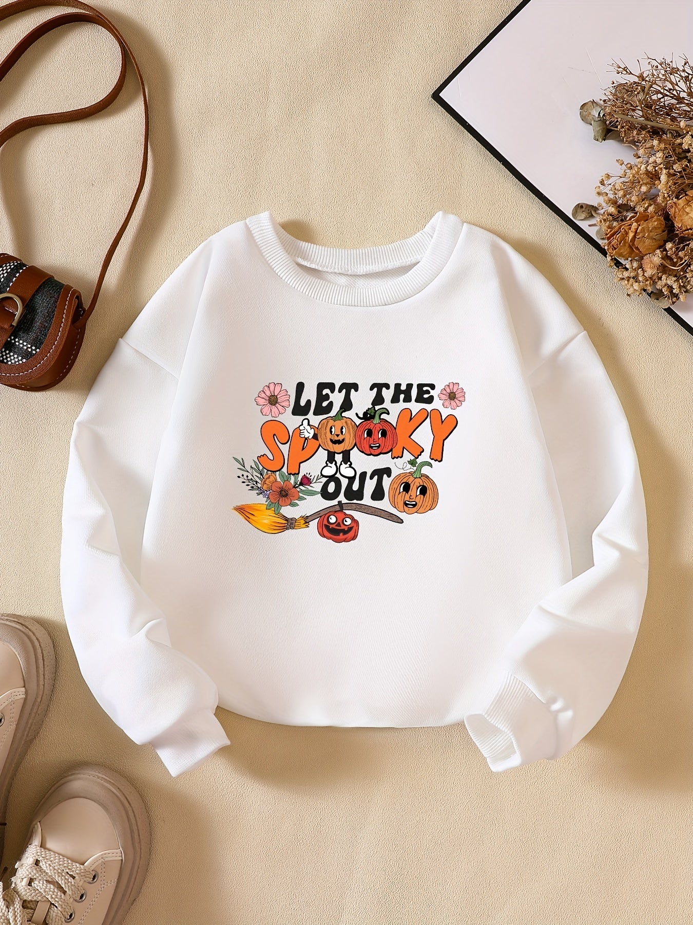 Girls' Pumpkin & Flowers Print Crew Neck Sweatshirt Long Sleeve Pullovers