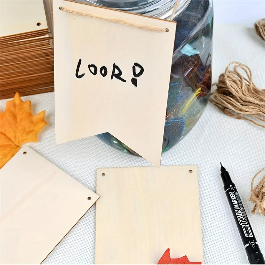 10pcs Natural Wooden Flags for DIY Crafts & Decorations with Twine