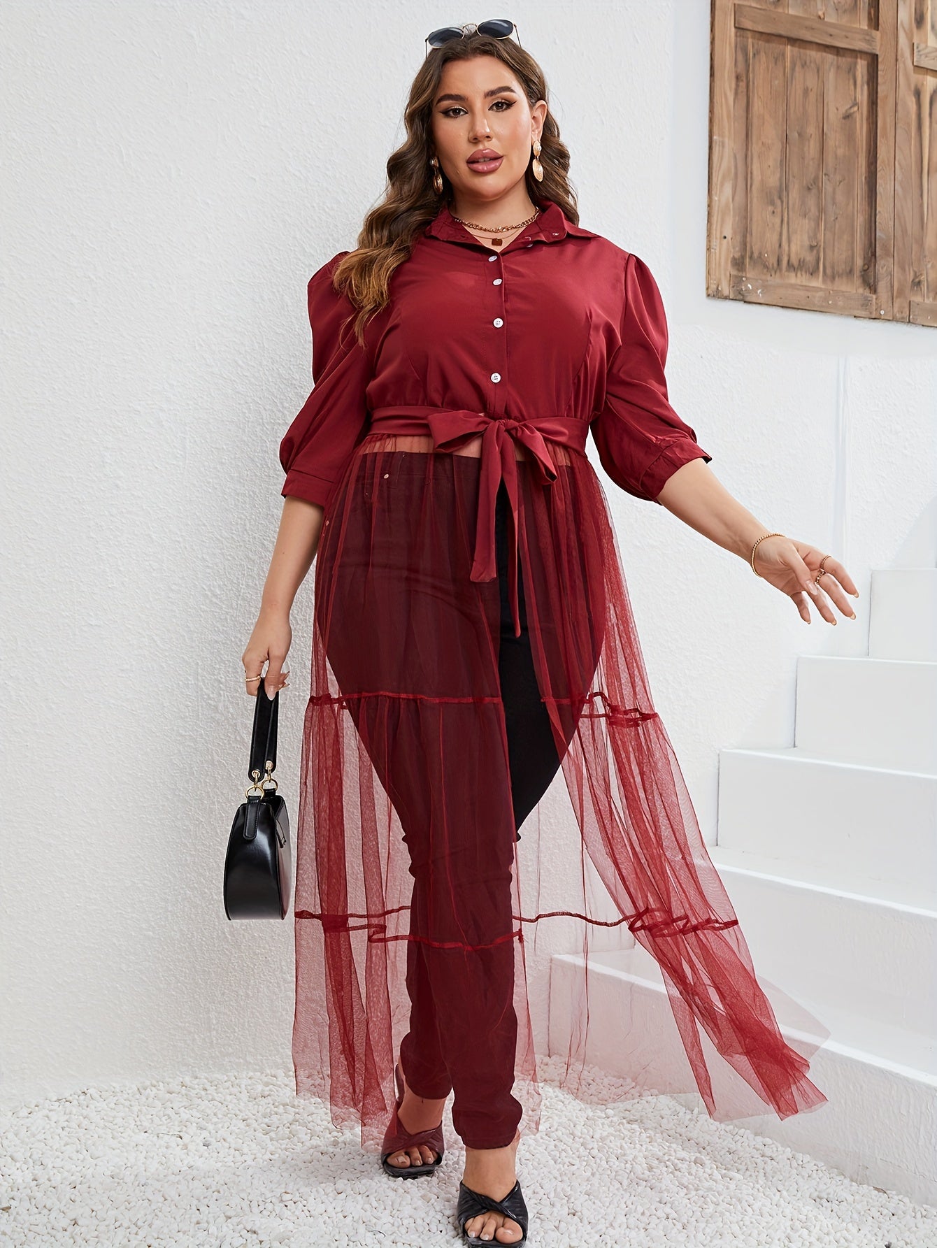  Contrast Mesh Shirt Dress