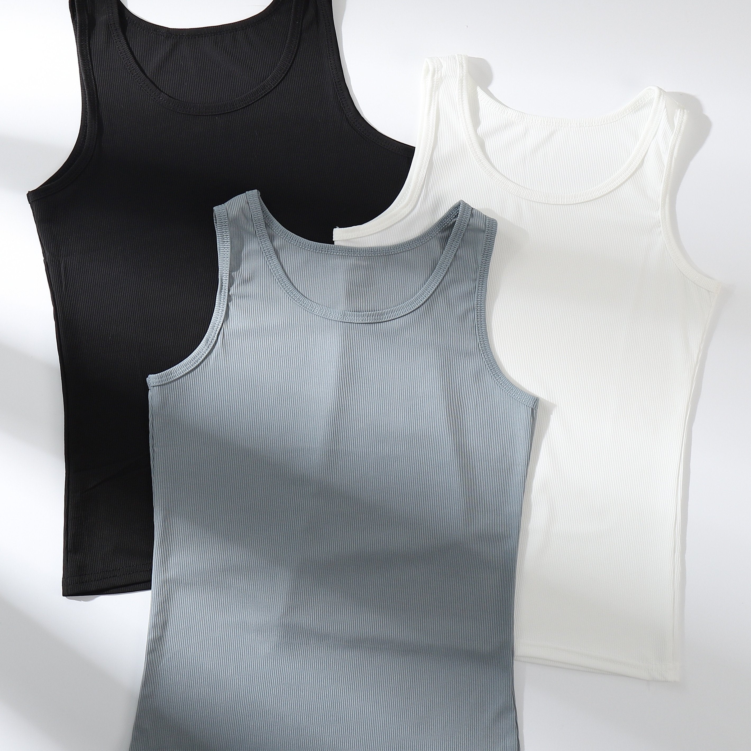 3pcs Solid Ribbed Tank Tops Crew Neck Sleeveless Top Women's Lingerie