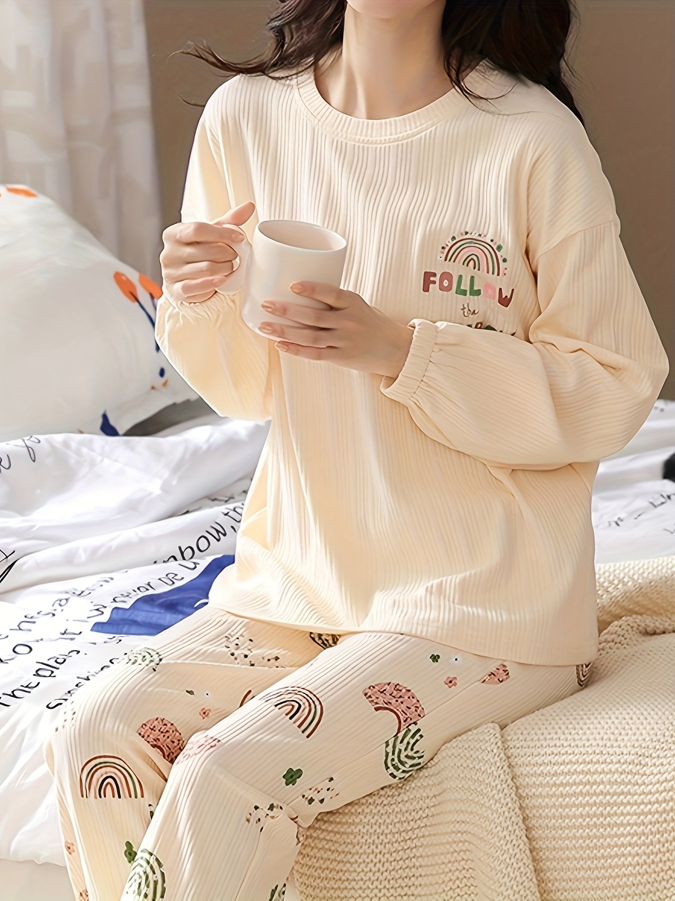 Rainbow Print Pajama Set Long Sleeve Top & Pants Women's Sleepwear