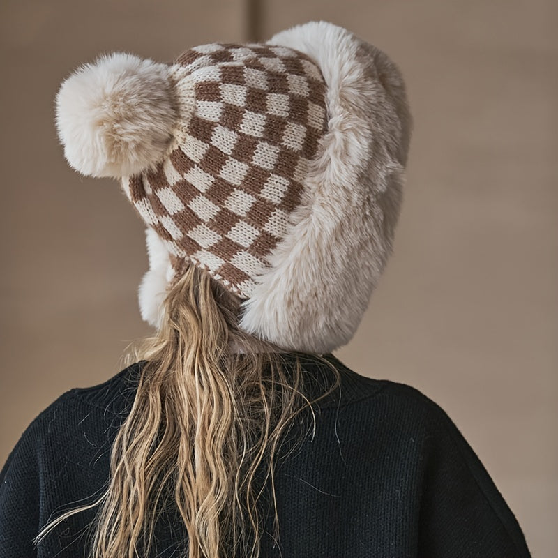 Fashionable Plaid Knit Plus Fur Ball Winter Hat