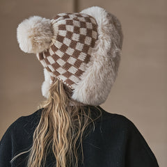 Fashionable Plaid Knit Plus Fur Ball Winter Hat
