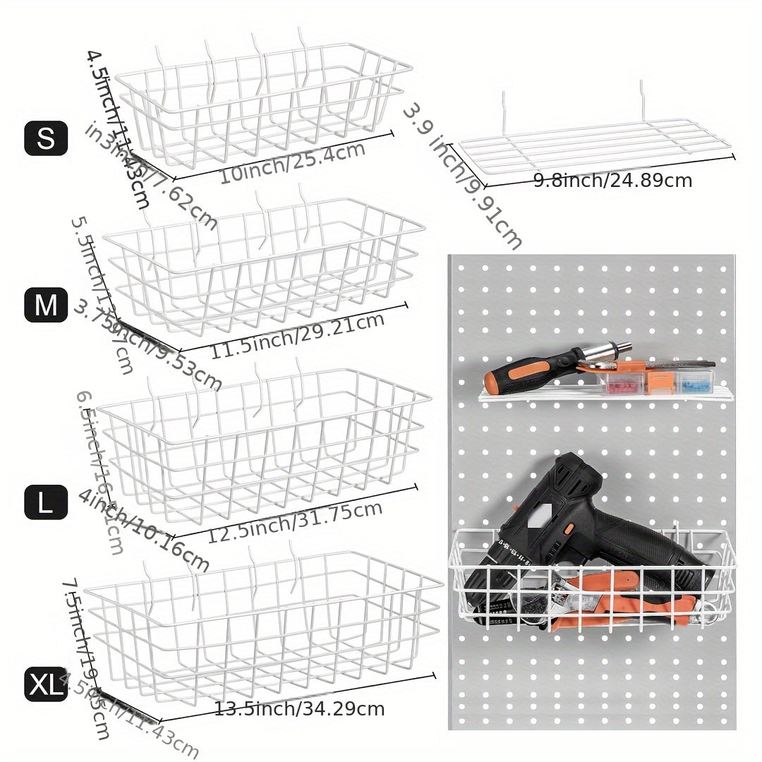 8pcs Pegboard Storage Rack Basket - 4 Sizes Baskets & 4 Plates Wire Shelf
