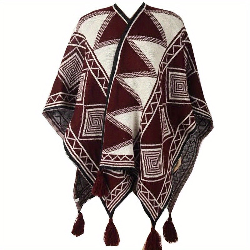 Geometric Pattern Shawl Large Warm Tassel Shawl Wrap