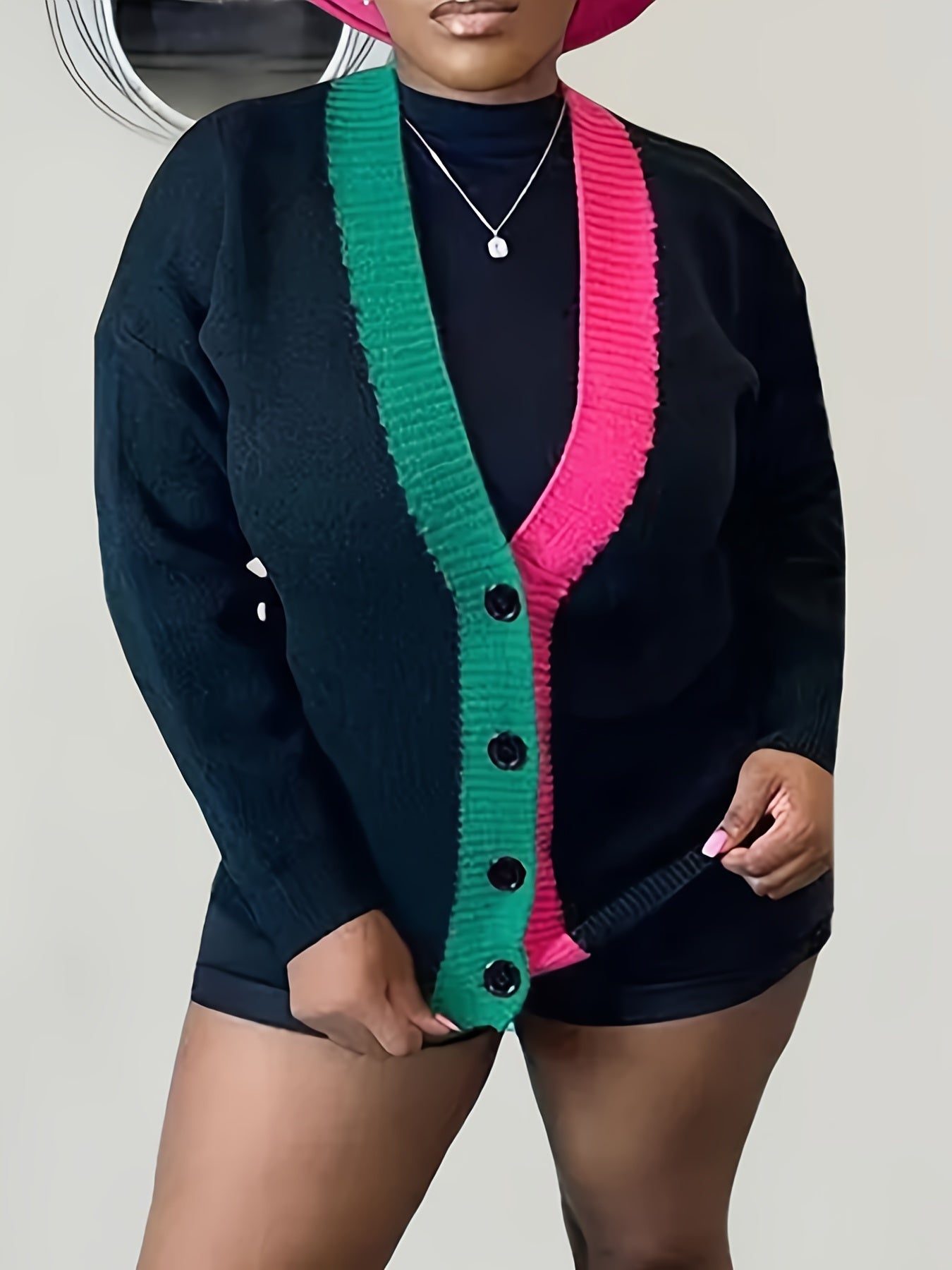  Colorblock Long Sleeve Button Up Cardigan