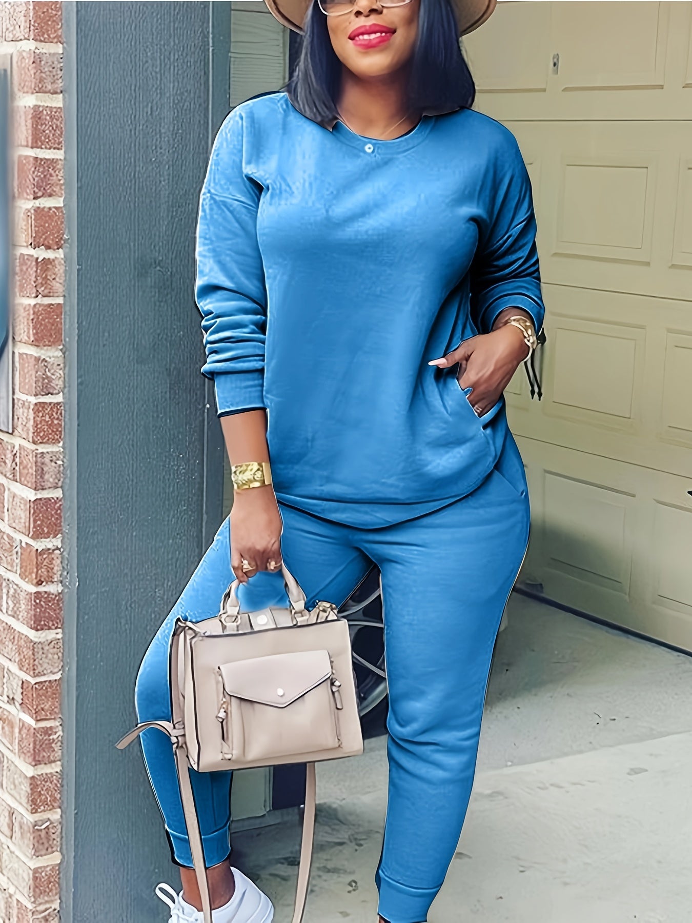 Solid 2 Pc Set Crew Neck Sweatshirt & Jogger Pants Outfit Women's Clothing