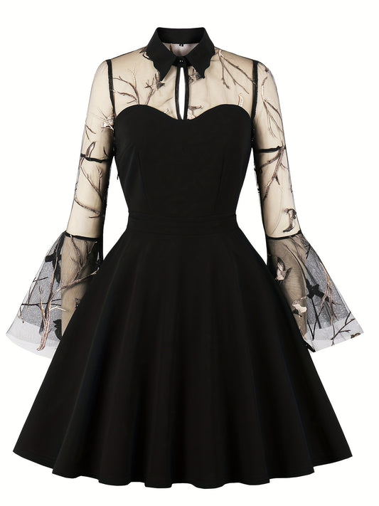  Halloween Dress Women's Cut Out Jacquard Mesh Bell Sleeve