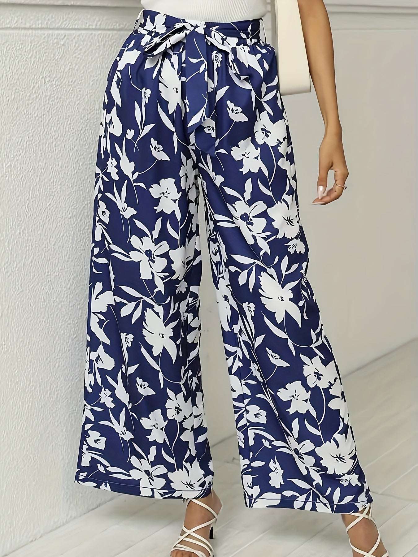 Floral Print Bow Knot High Rise Wide Leg Pants