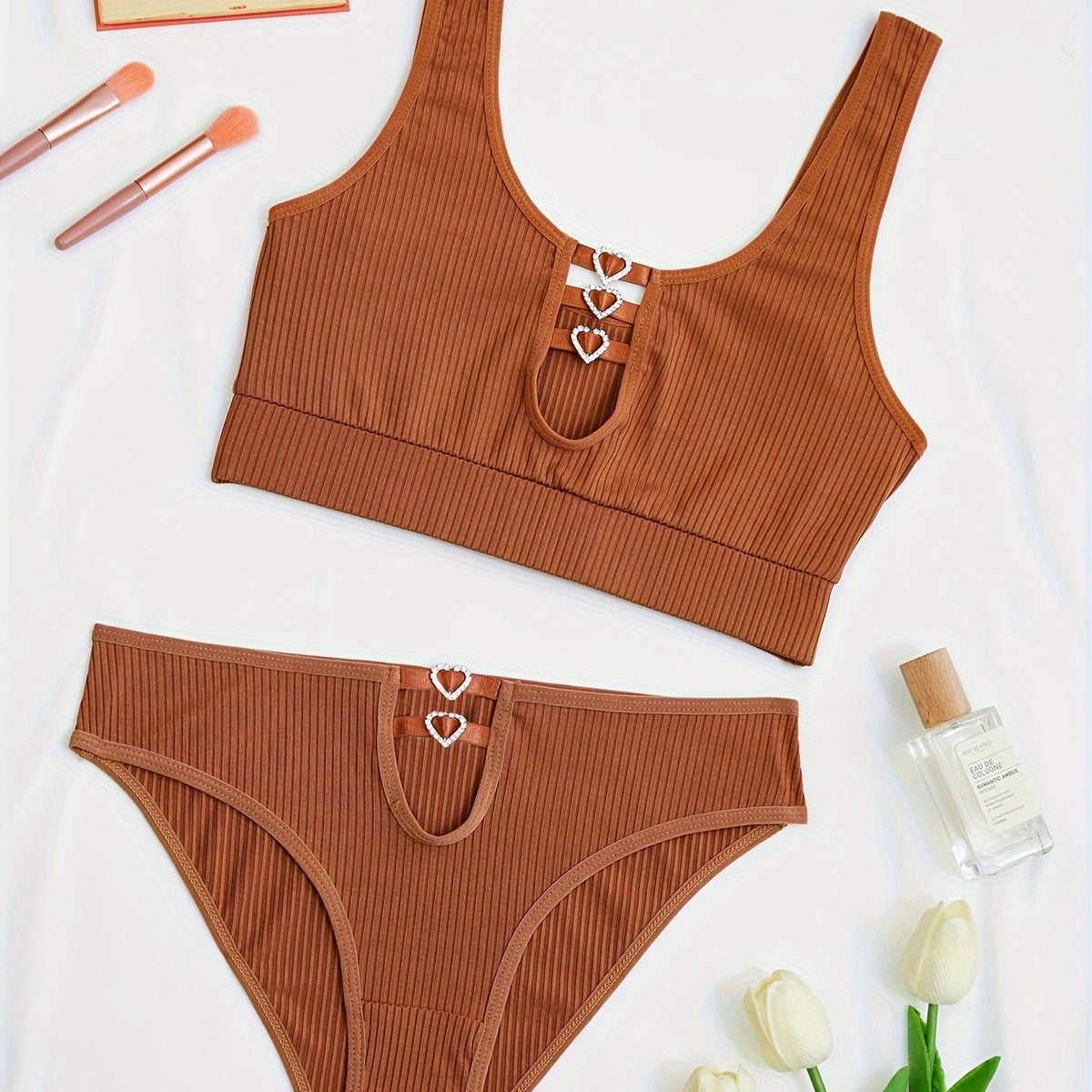Ribbed Lingerie Set Wide Straps Bra & Heart Ring Panties