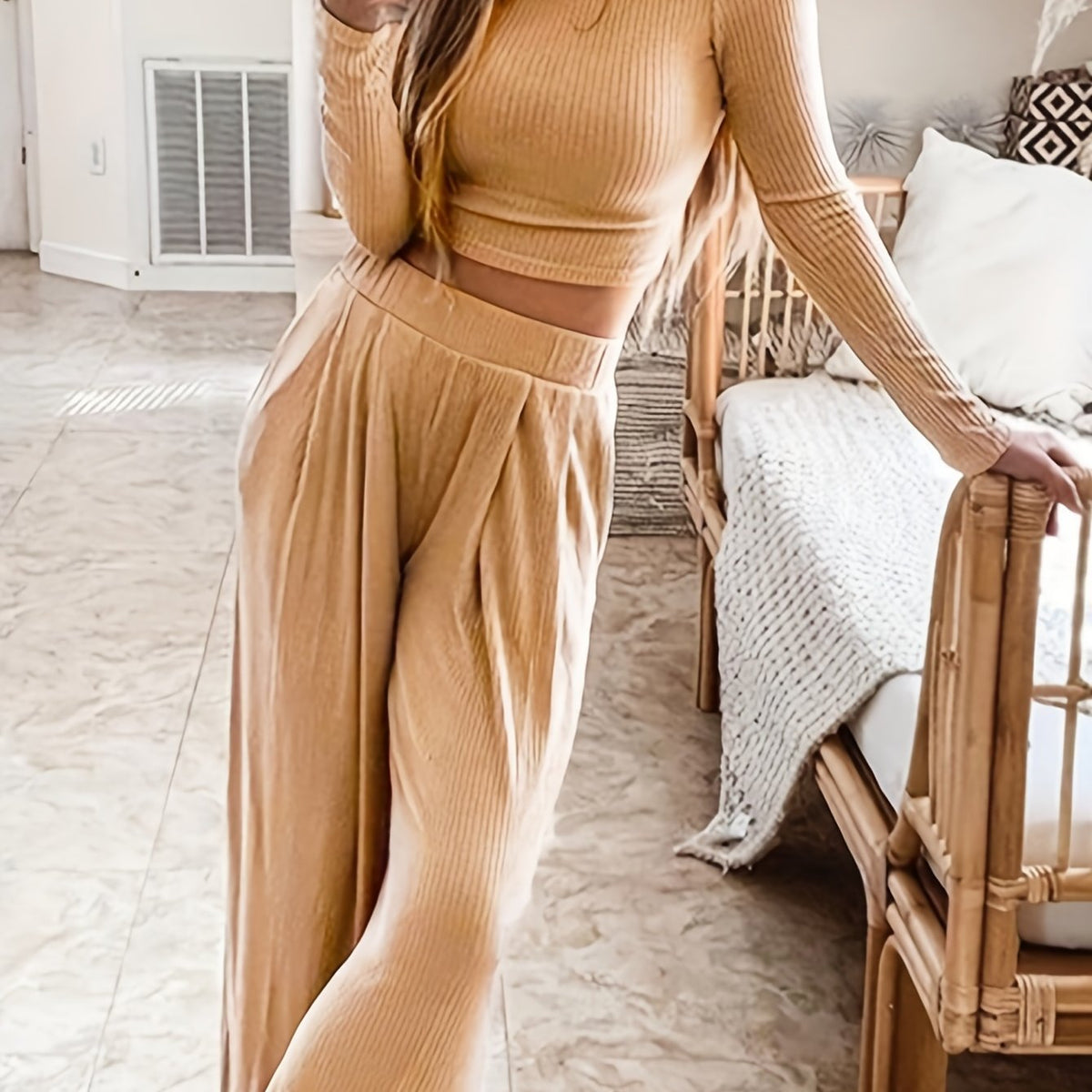  Ribbed Crop Top & Wide Leg Pants Set
