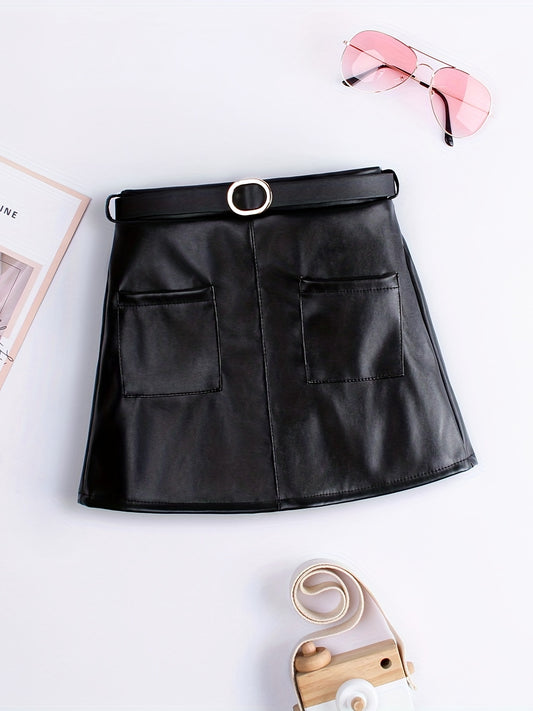 Toddler Girls Casual PU Leather Skirt With Belt