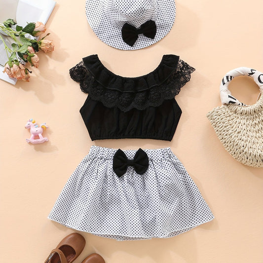 3pcs Baby Girls Lace Off shoulder Tops Polka Dot Skirt Hat Summer Clothes Sets