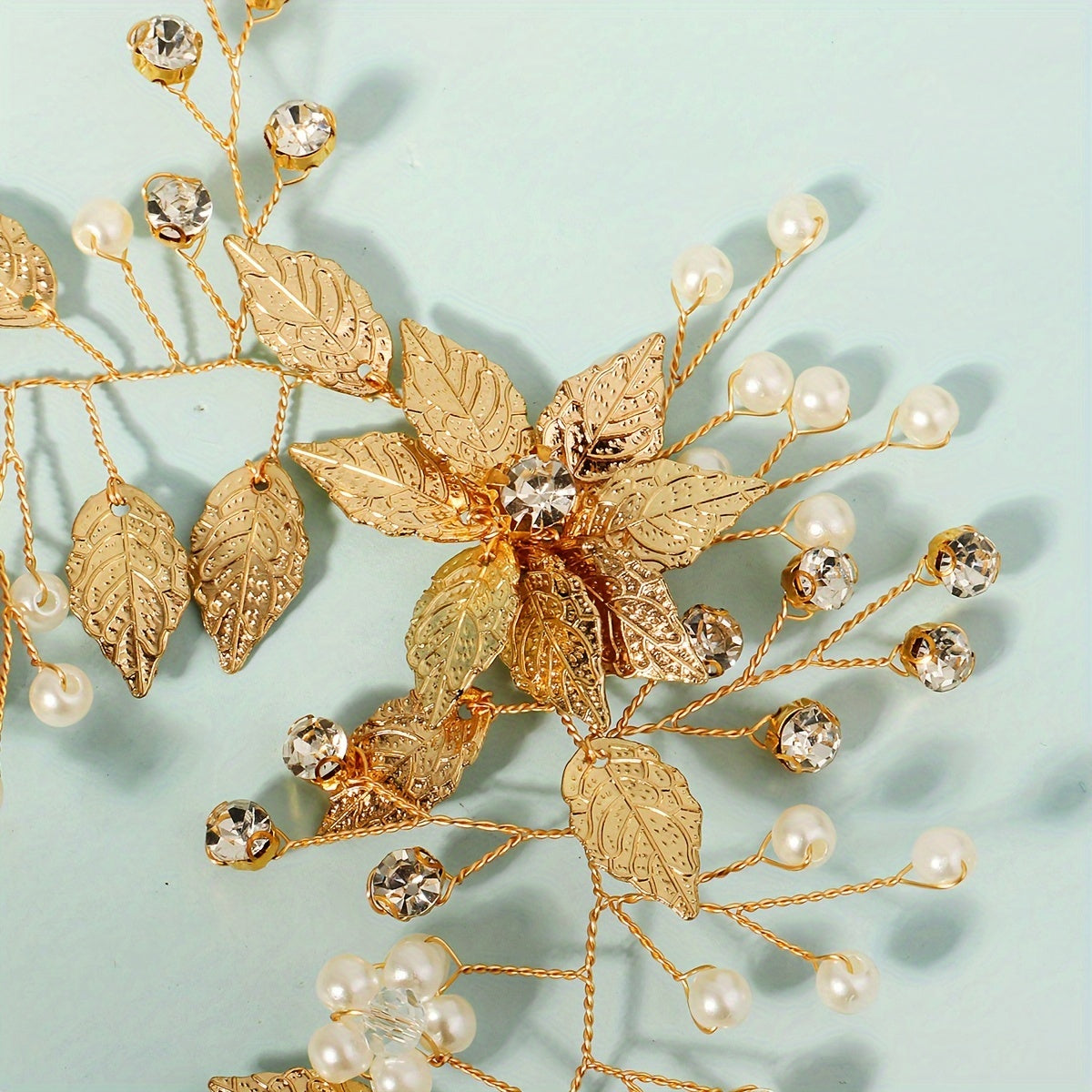 Vintage Forest Style Leaf Hair Comb with Pearl and Rhinestone for Photography