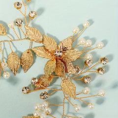 Vintage Forest Style Leaf Hair Comb with Pearl and Rhinestone for Photography