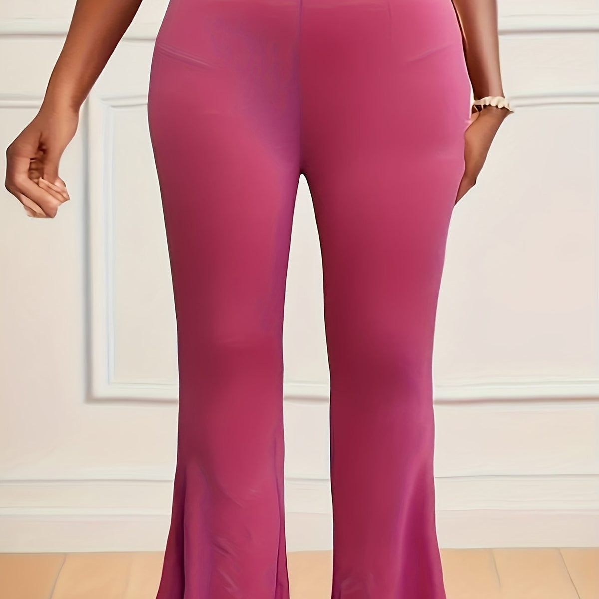  Solid Elastic High Rise Flared Leg Trousers