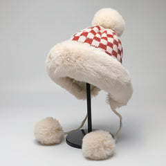 Fashionable Plaid Knit Plus Fur Ball Winter Hat
