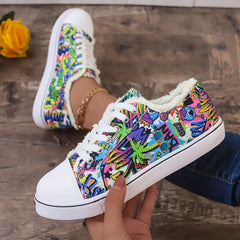 Women's Graffiti Printed Canvas Sneakers Lace Up Flat Shoes